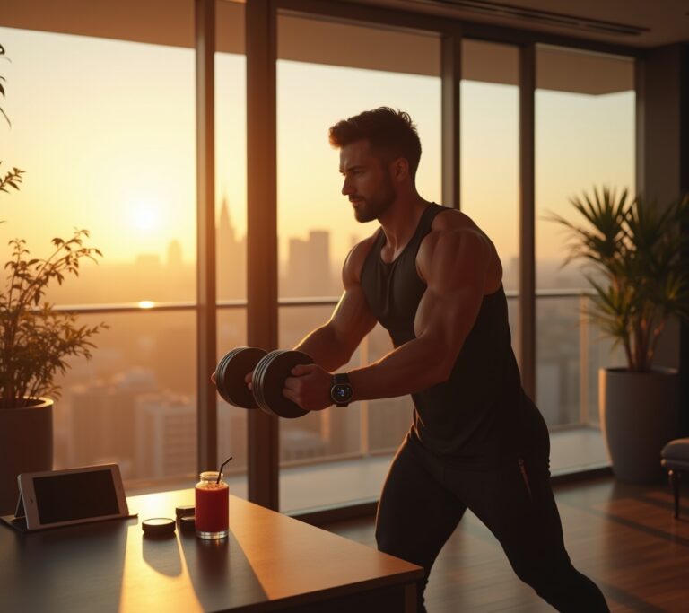 Executive running on a treadmill at sunrise in a penthouse gym
