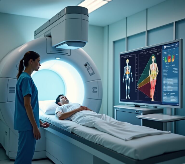 Patient lying on a DEXA scan machine in a clinical setting