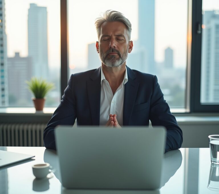 Executive doing breathwork in a calm fitness studio