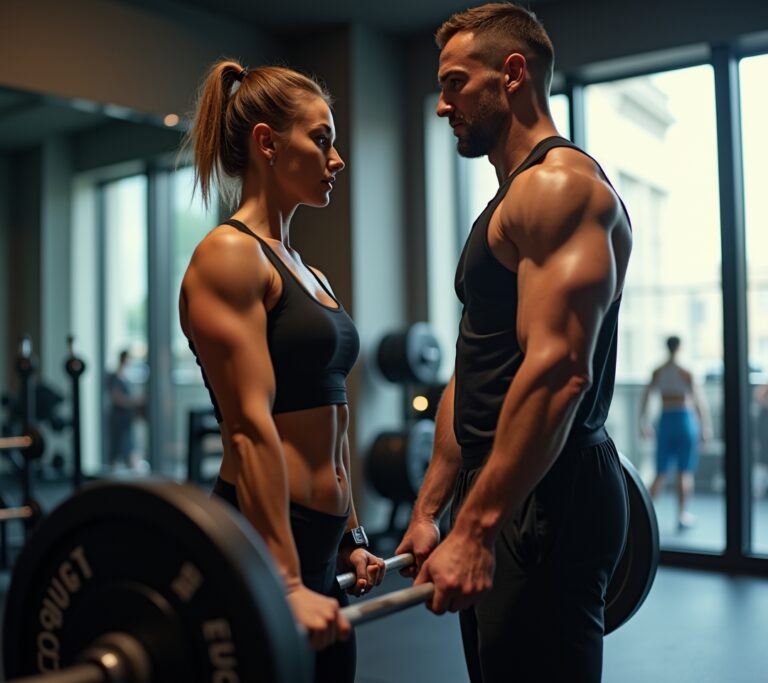 Trainer demonstrating form to a focused client in a private studio