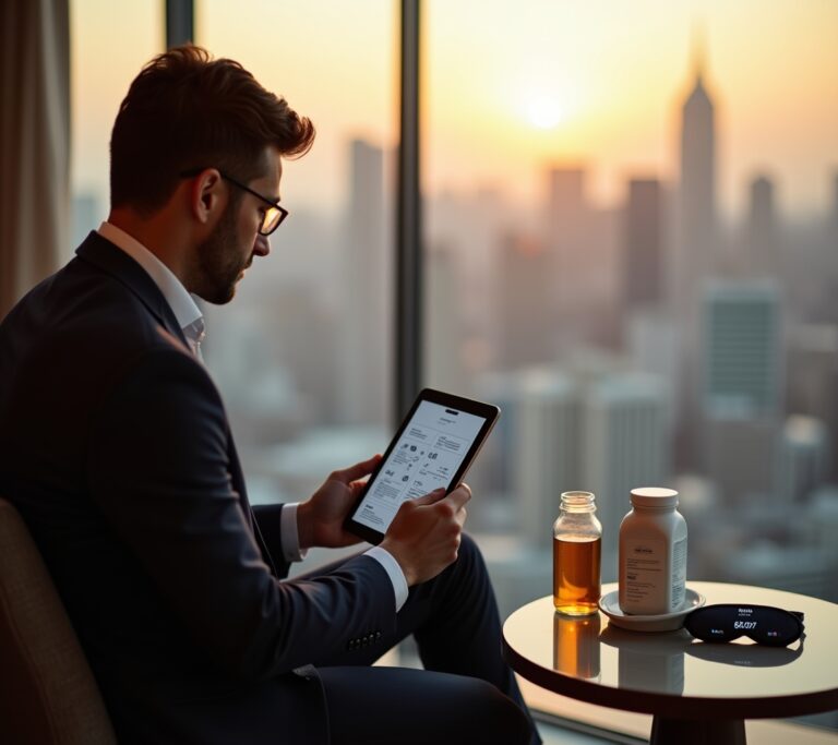 Executive sleeping on a first-class airline seat with an eye mask