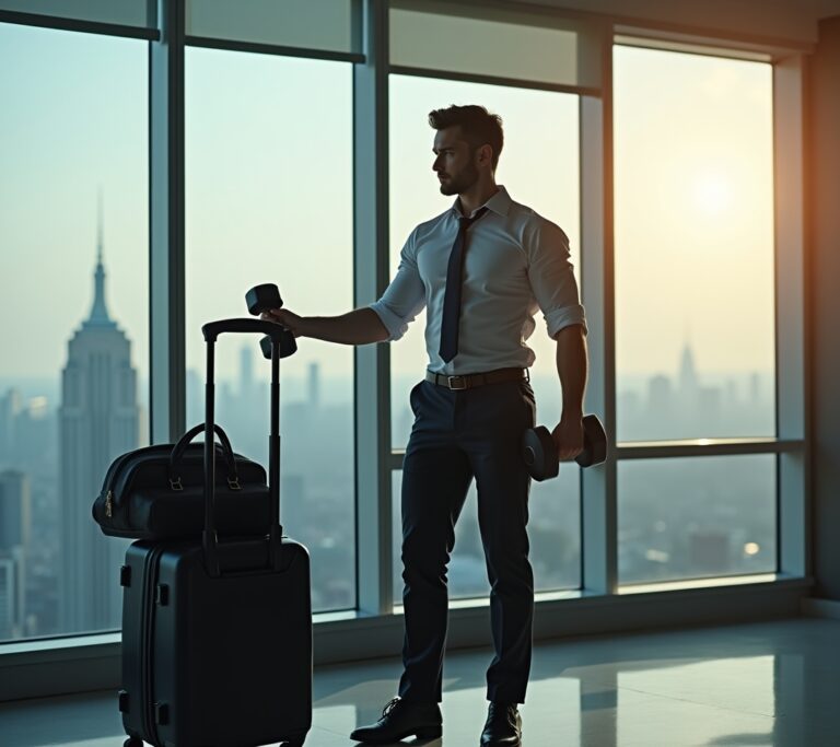 Executive doing a dumbbell workout in a hotel fitness center
