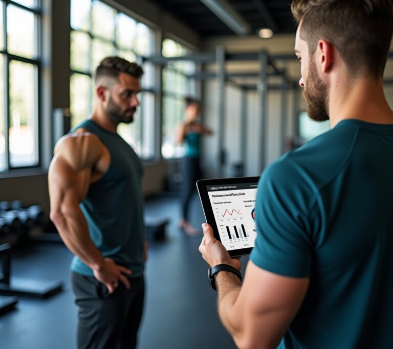 Coach writing a training plan on a clipboard in a private gym