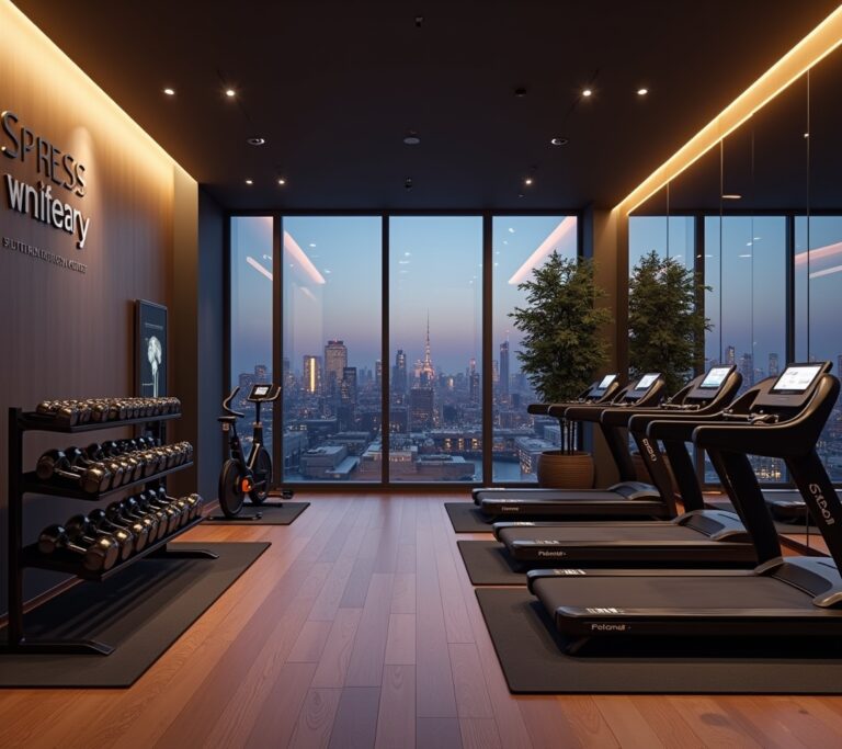 Spacious luxury home gym with rubber flooring and natural light