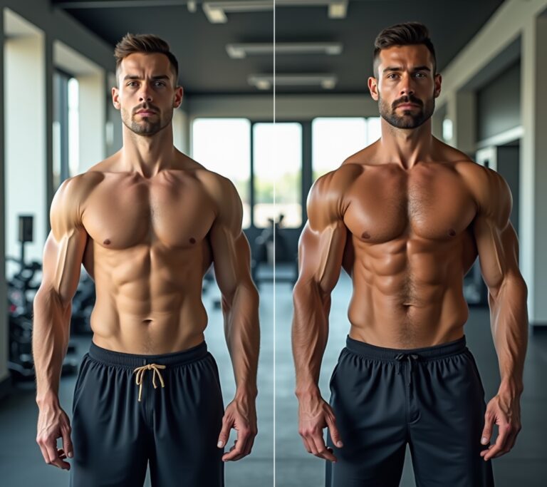 Side-by-side comparison of two different physique approaches