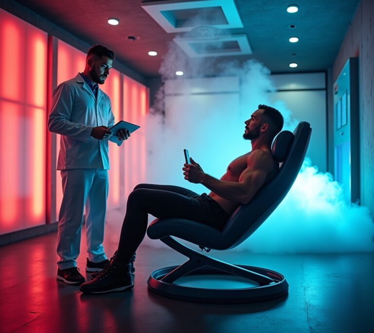 Athlete submerging in a cold plunge tub post-workout