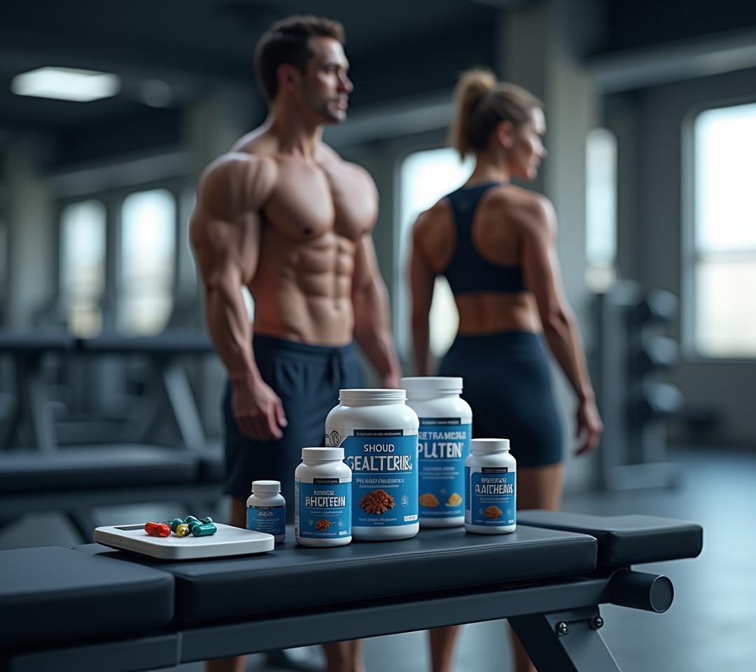 Organized supplement stack on a kitchen counter
